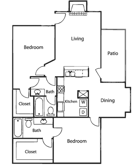 Floor plan for 2 beds, 2 baths, 995 sqft